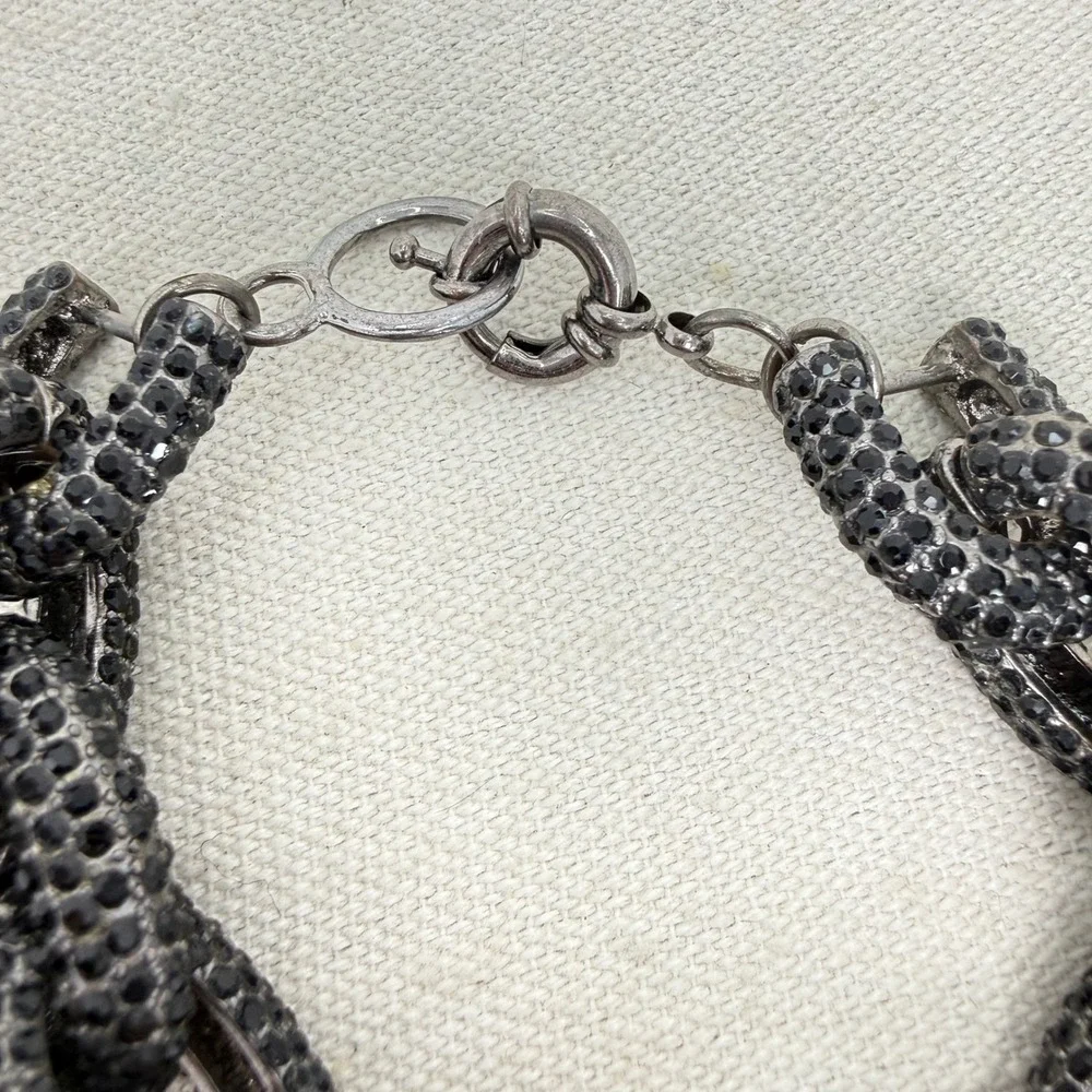 Chunky Link Bracelet Black Rhinestone Silver Tone Statement Bold‎ Sparkle